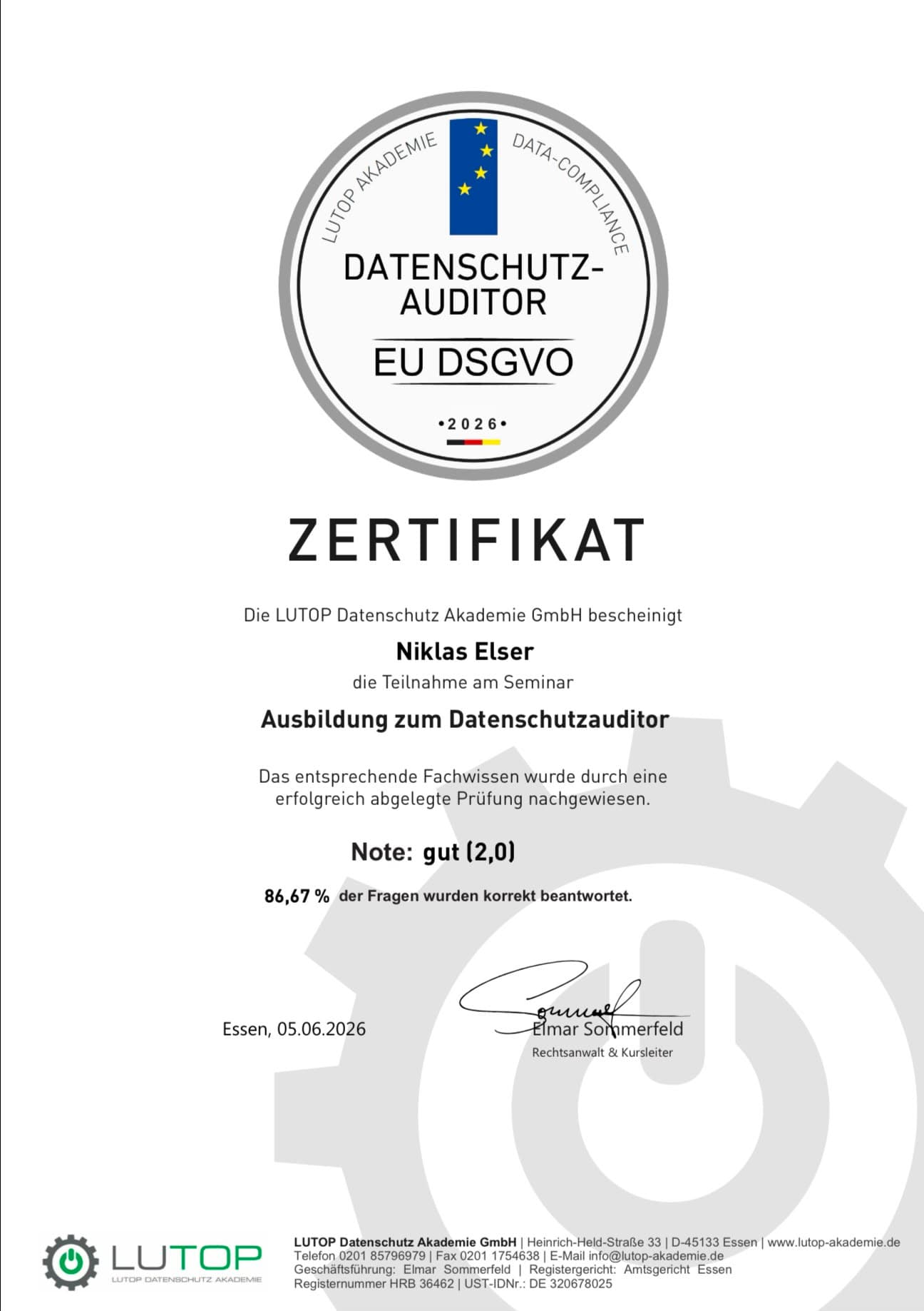 Zertifikat: Datenschutz-Auditor