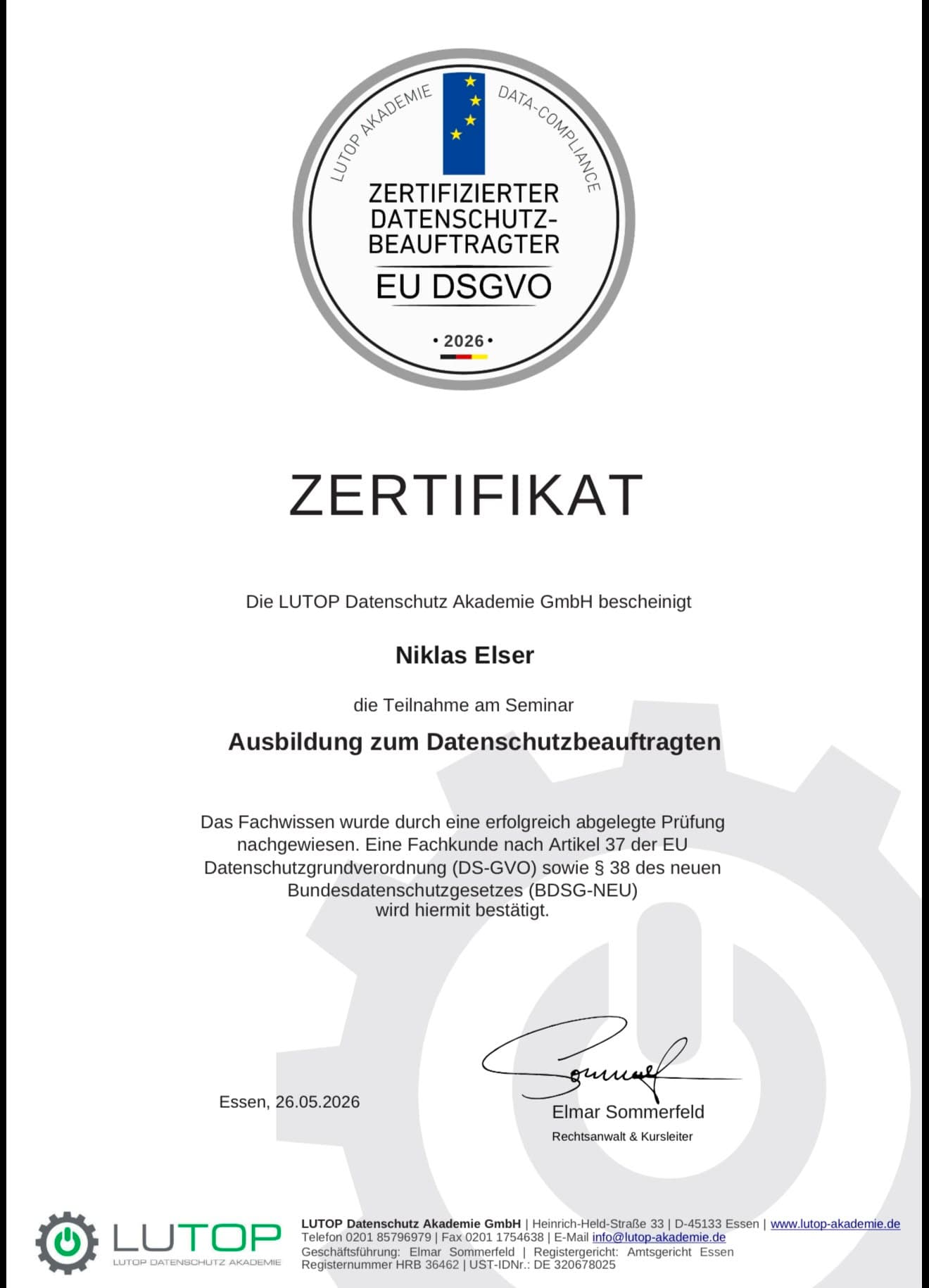 Zertifikat: Datenschutzbeauftragter